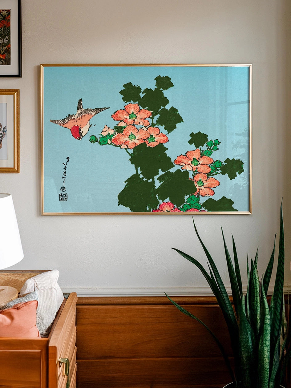 Hokusai Hibiscus and Sparrow tablosu