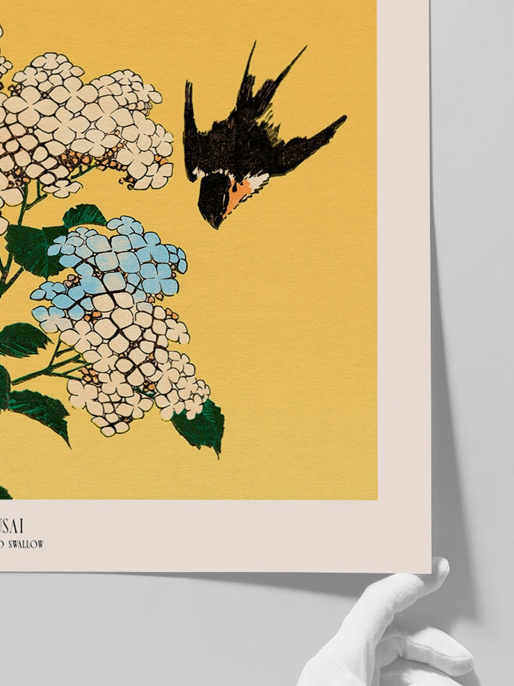 Hokusai Hydrangea and Swallow posterinin yakından detaylarını gösteren görsel