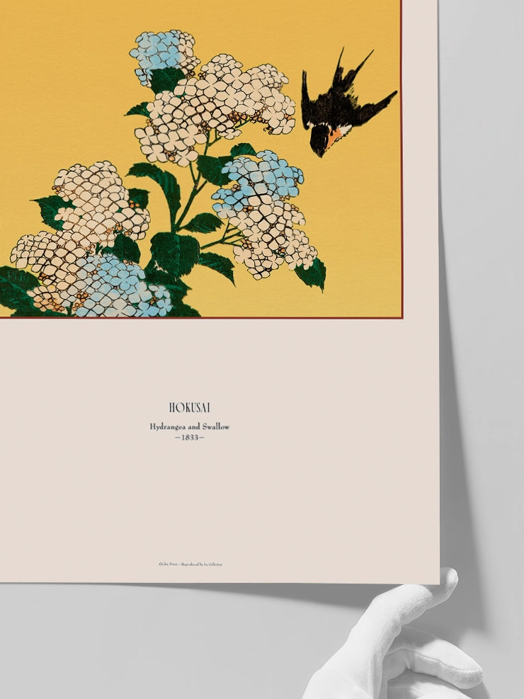 Hokusai Hydrangea and Swallow posterinin detaylarını yakından gösteren görsel