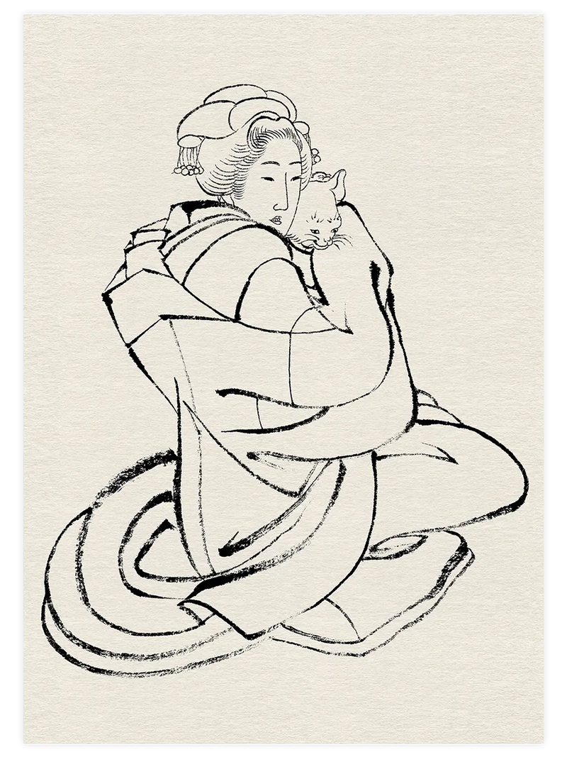 Hokusai, Kedi Tutan Kadın Sketch - Art Print Ünlü Ressamlar Poster