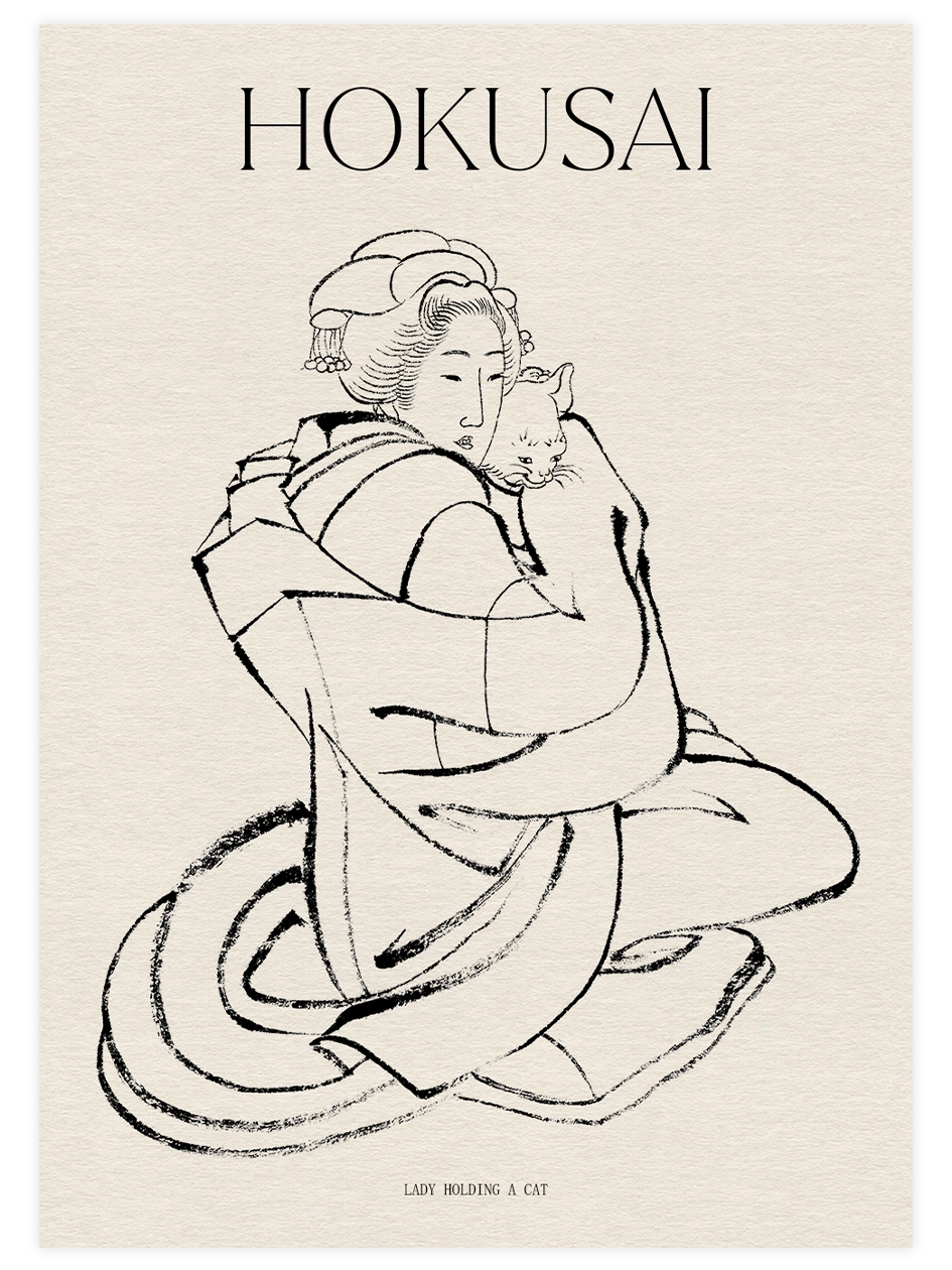 Hokusai, Lady Holding a Cat Sketch - Art Print Ünlü Ressamlar Poster