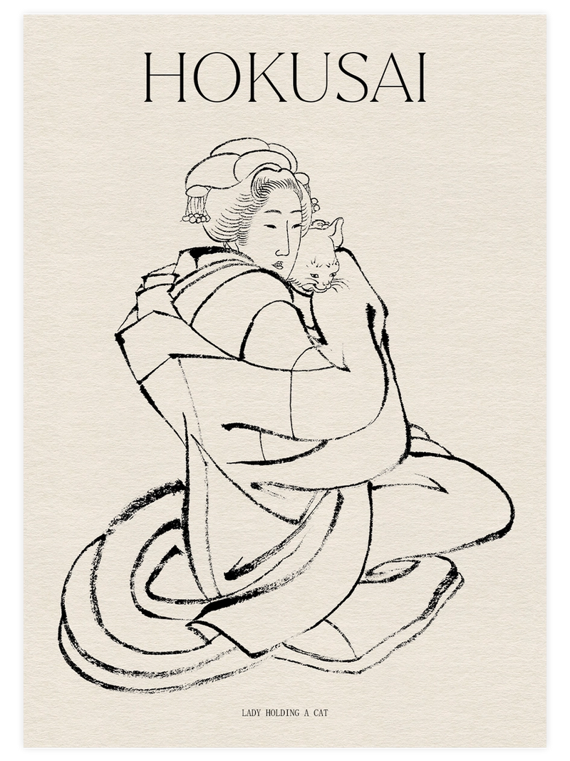 Hokusai, Lady Holding a Cat Sketch - Art Print Ünlü Ressamlar Poster