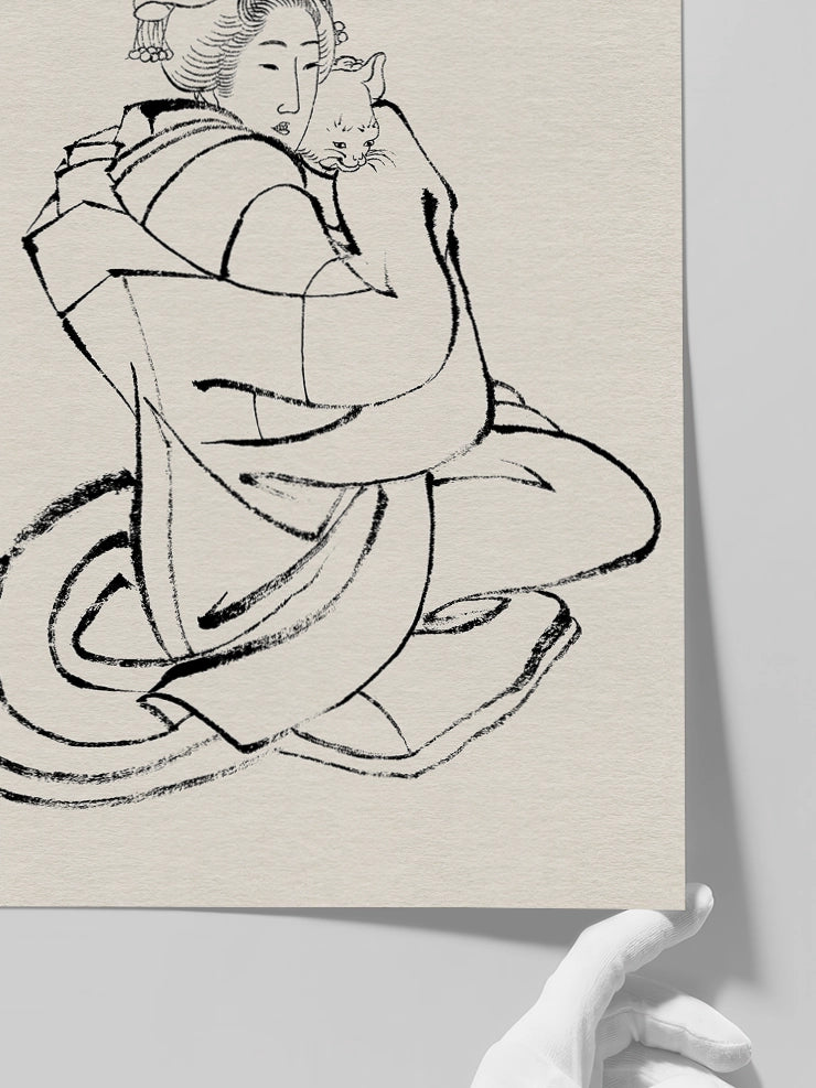 Hokusai, Kedi Tutan Kadın Sketch - Art Print  Poster