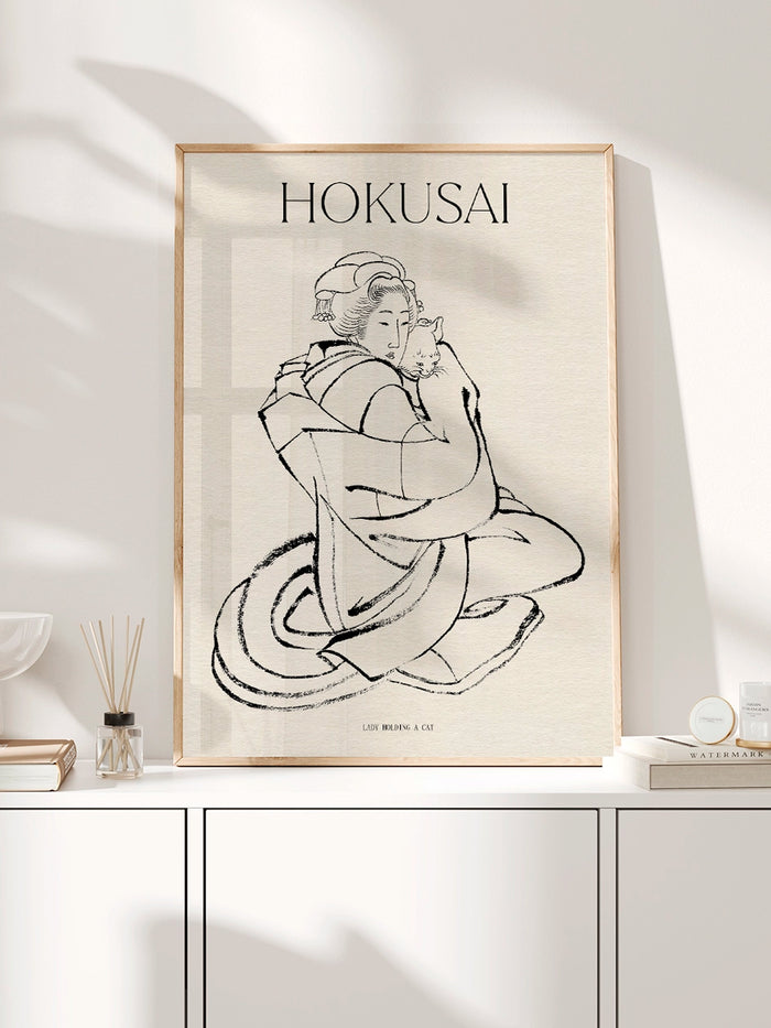 Hokusai, Lady Holding a Cat Sketch - Art Print  Poster