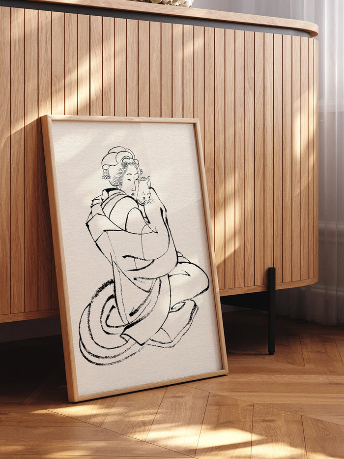 Hokusai, Kedi Tutan Kadın Sketch - Art Print  Poster