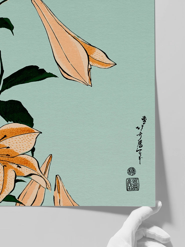Hokusai Lilies posterinin detaylarını gösteren görsel