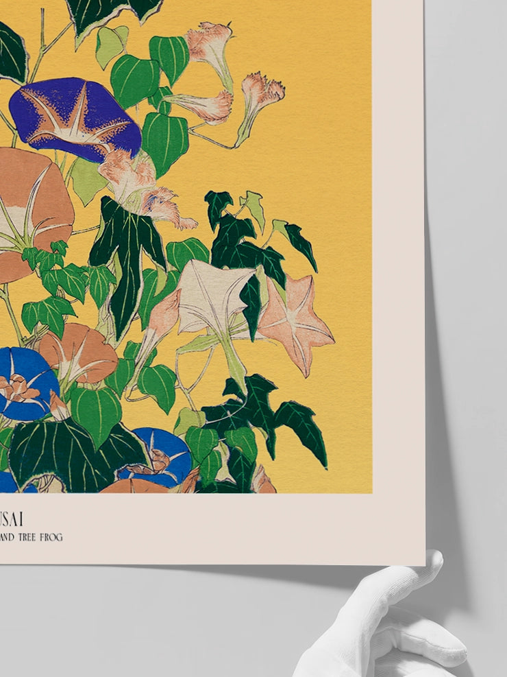 Hokusai Morning Glories and Tree Frog posterinin daha yakından detaylarını gösteren görsel