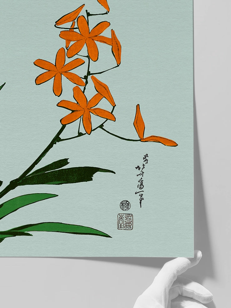 Hokusai Orange Orchids posterini yakından gösteren görsel