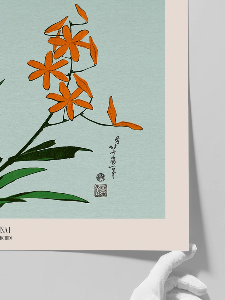 Hokusai Orange Orchids posterinin detaylarını gösteren görsel