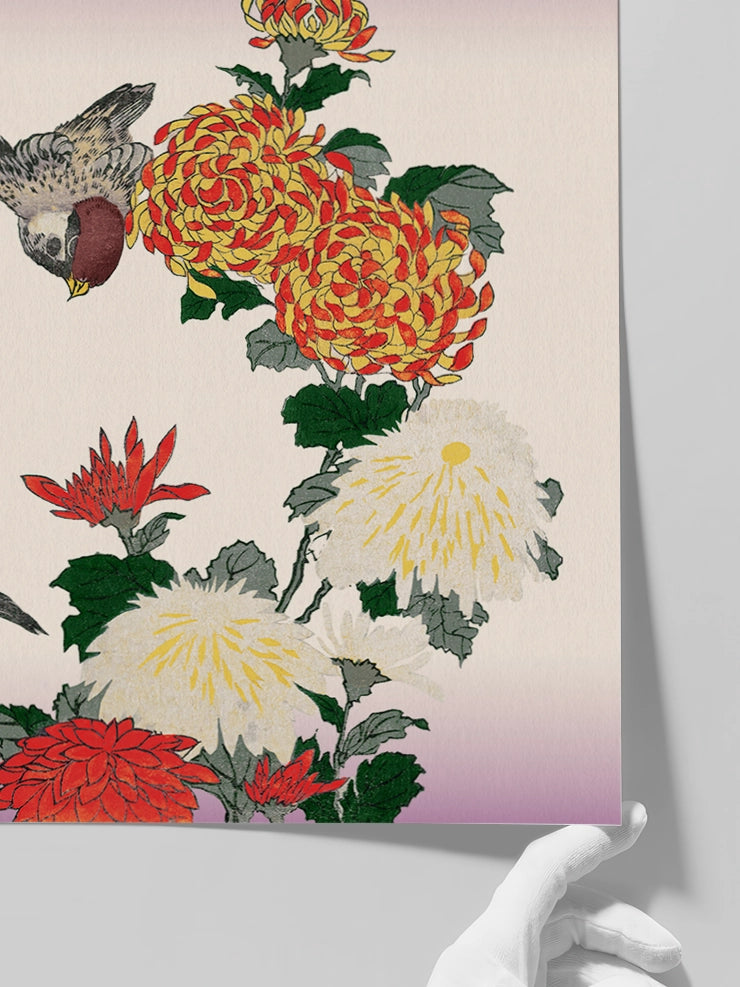 Hokusai, Sparrows and Chrysanthemums posterinin yakından görünümü