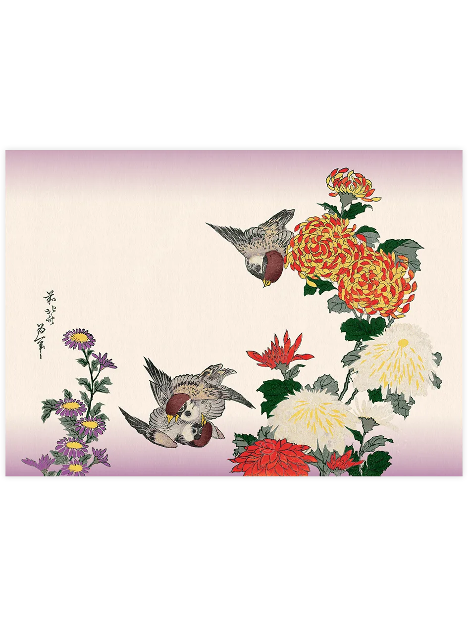 Hokusai, Sparrows and Chrysanthemums poster