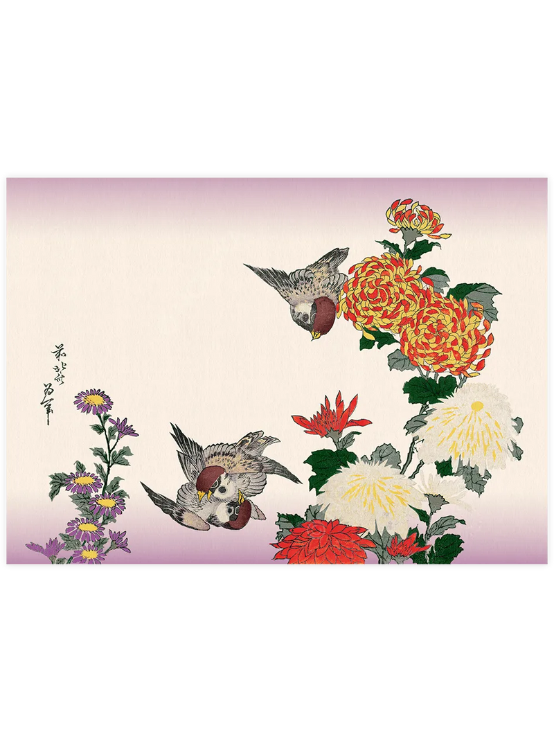 Hokusai, Sparrows and Chrysanthemums poster