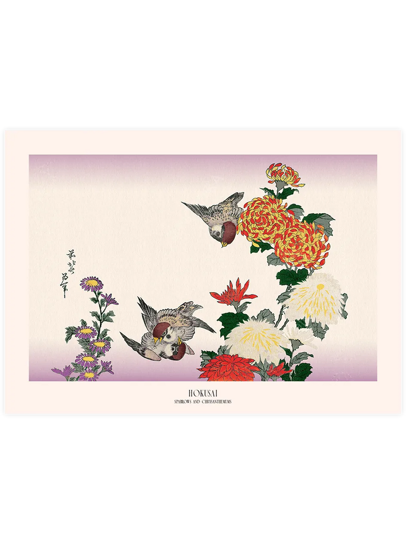 Hokusai Sparrows and Chrysanthemums poster