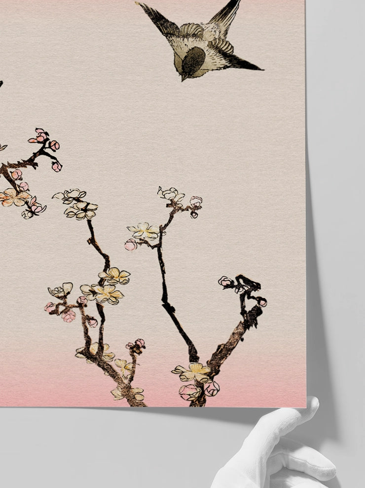 Hokusai Sparrows and Plum posterini daha yakından detaylarını gösteren görsel