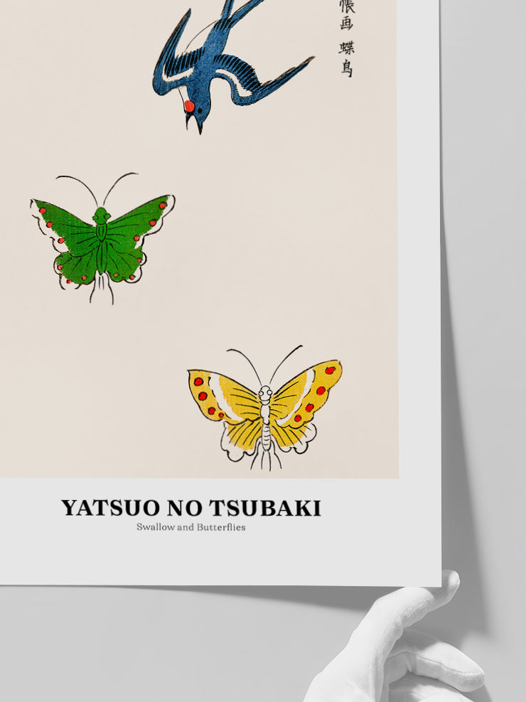 Yatsuo No Tsubaki Swallow And Butterflies - Art Print  Poster