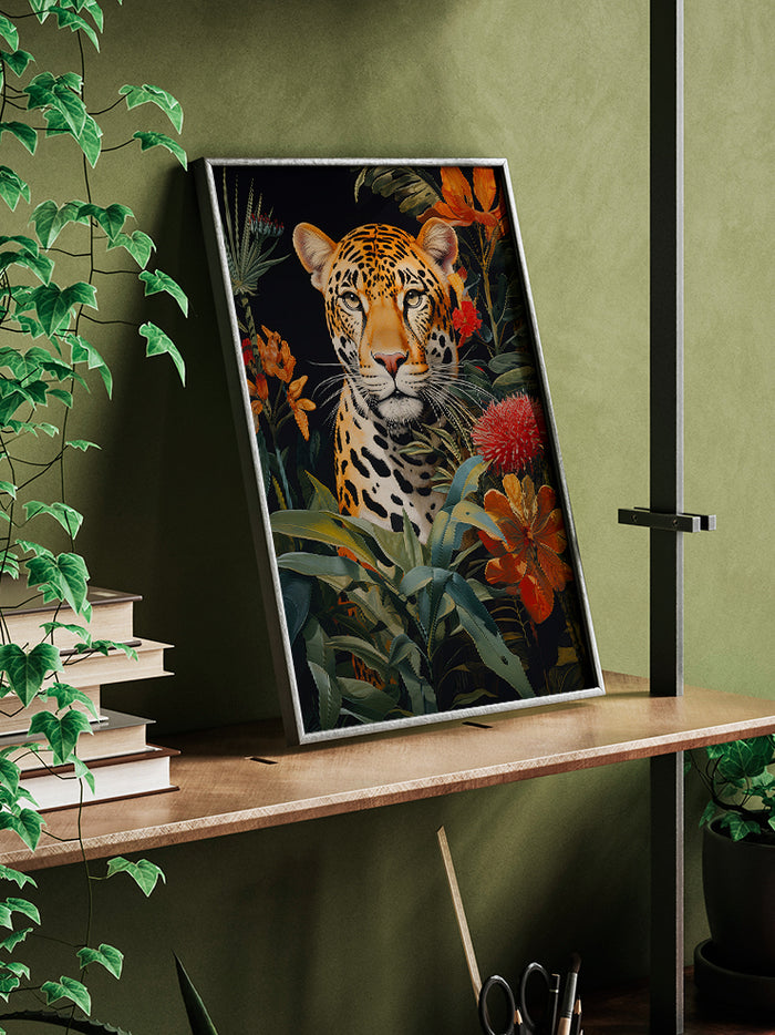 Leopard & Flowers - Art Print  Poster
