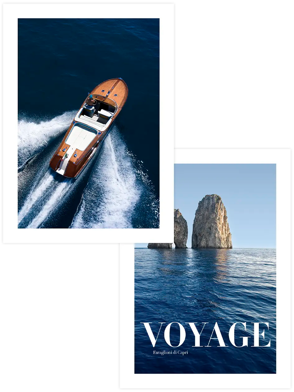 Sürat teknesi ve Faraglioni kayalıklarını içeren iki parçalı Capri poster seti