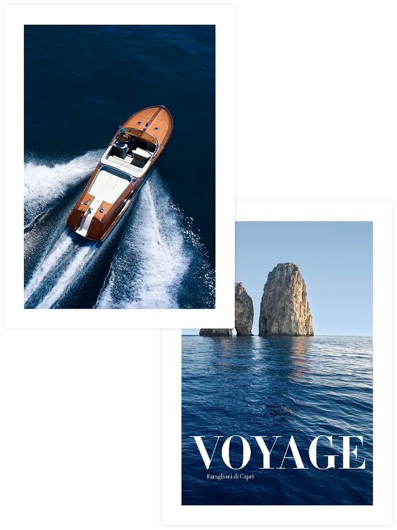 Sürat teknesi ve Faraglioni kayalıklarını içeren iki parçalı Capri poster seti