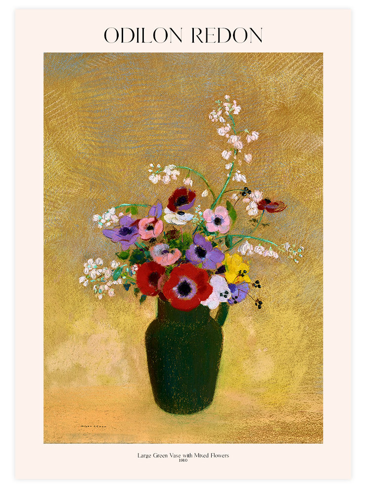 Odilon Redon Large Green Vase with Mixed Flowers - Art Print