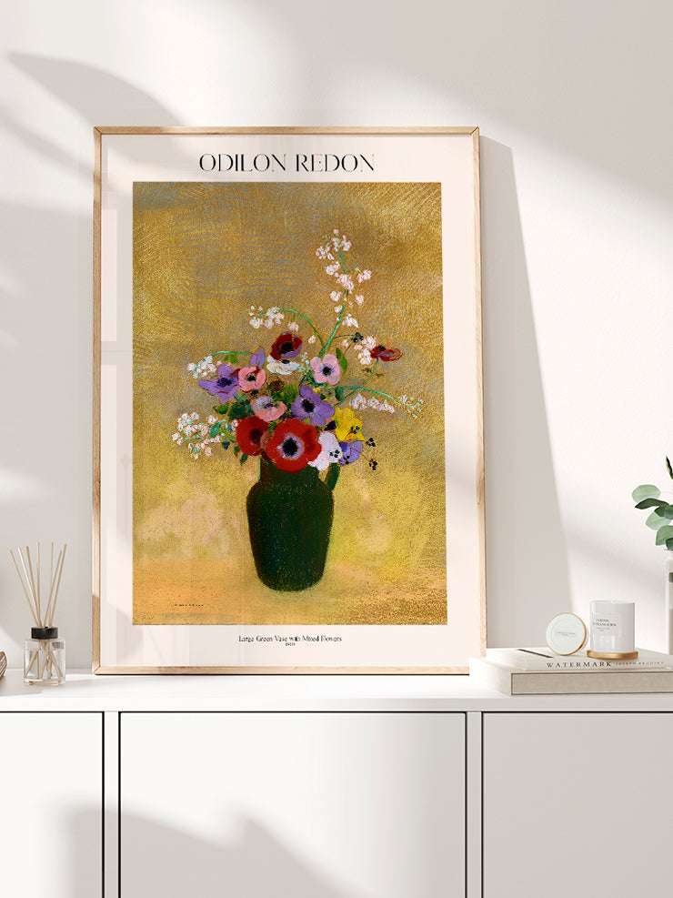 Odilon Redon Large Green Vase with Mixed Flowers - Art Print Ürün ikincil görseli