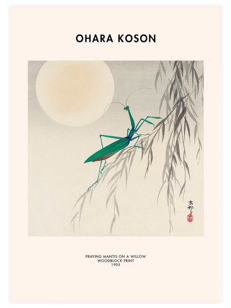 Ohara Koson Praying Mantis on a Willow - Art Print