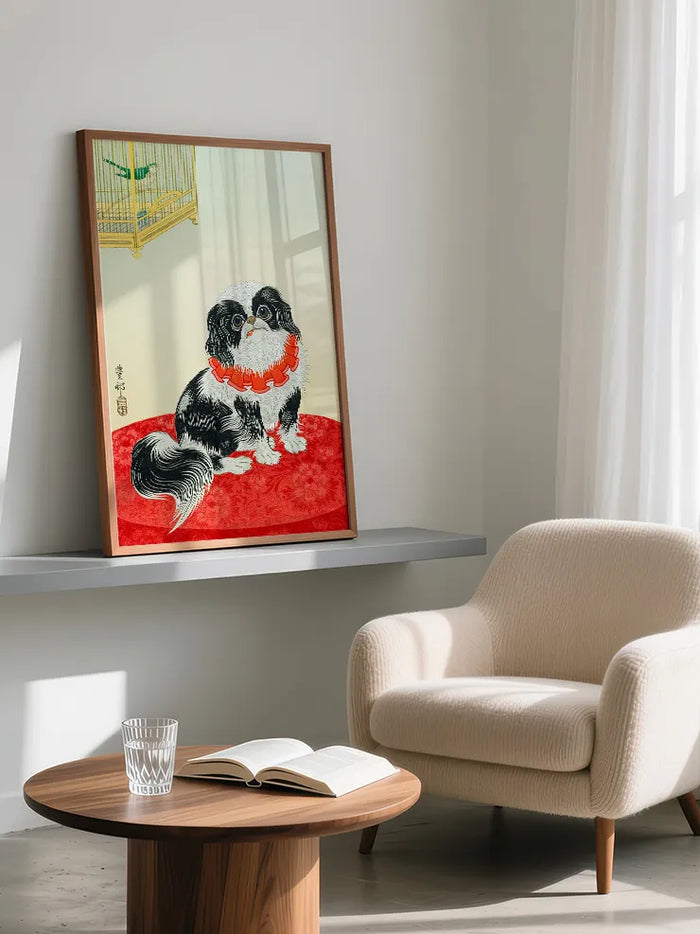 Kuş kafesine doğru bakan küçük köpek figürü.