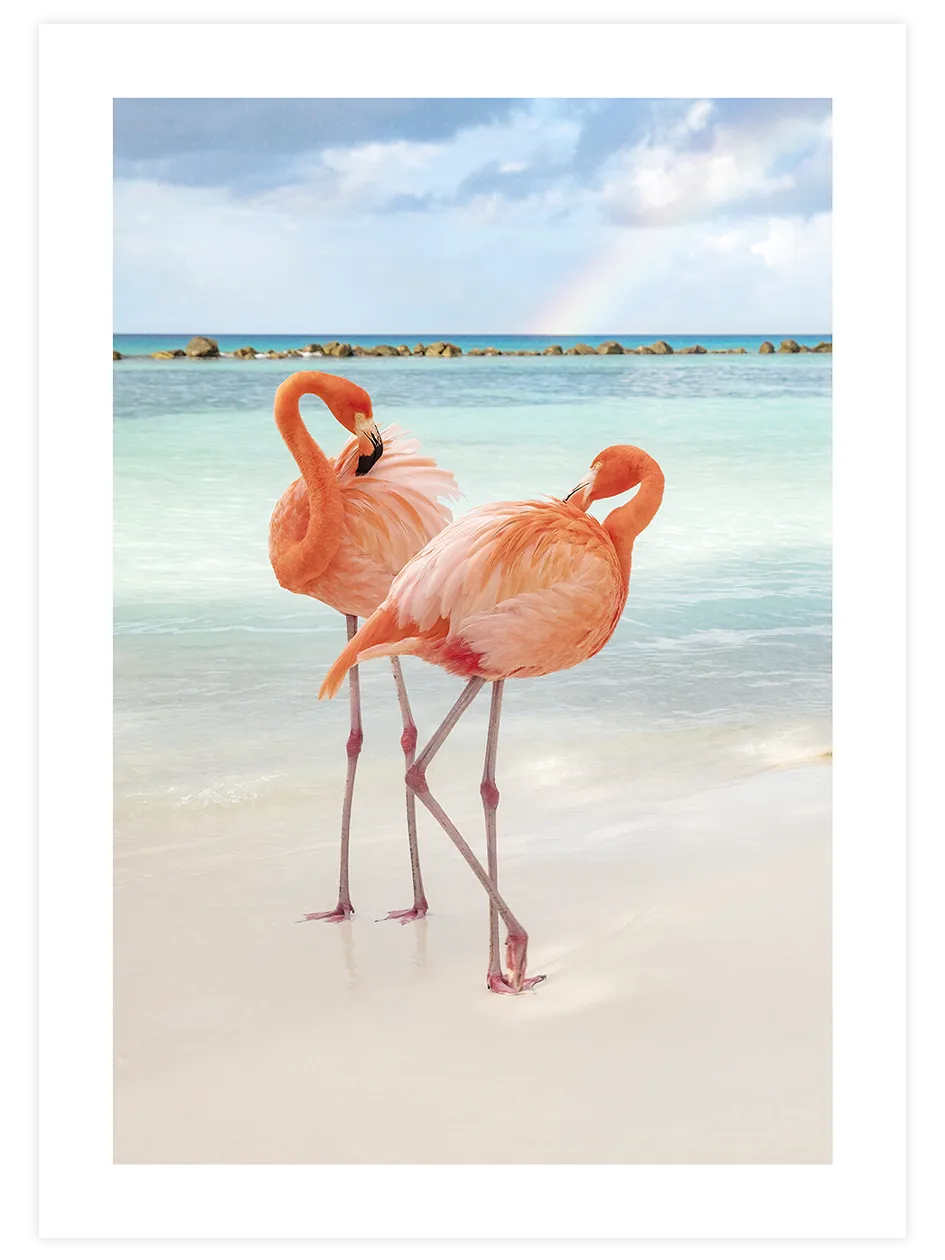 Turkuaz sahilde iki pembe flamingo posteri