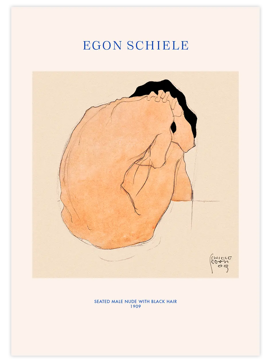 Egon Schiele Seated Male Nude with Black Hair - Art Print Ünlü Ressamlar Poster