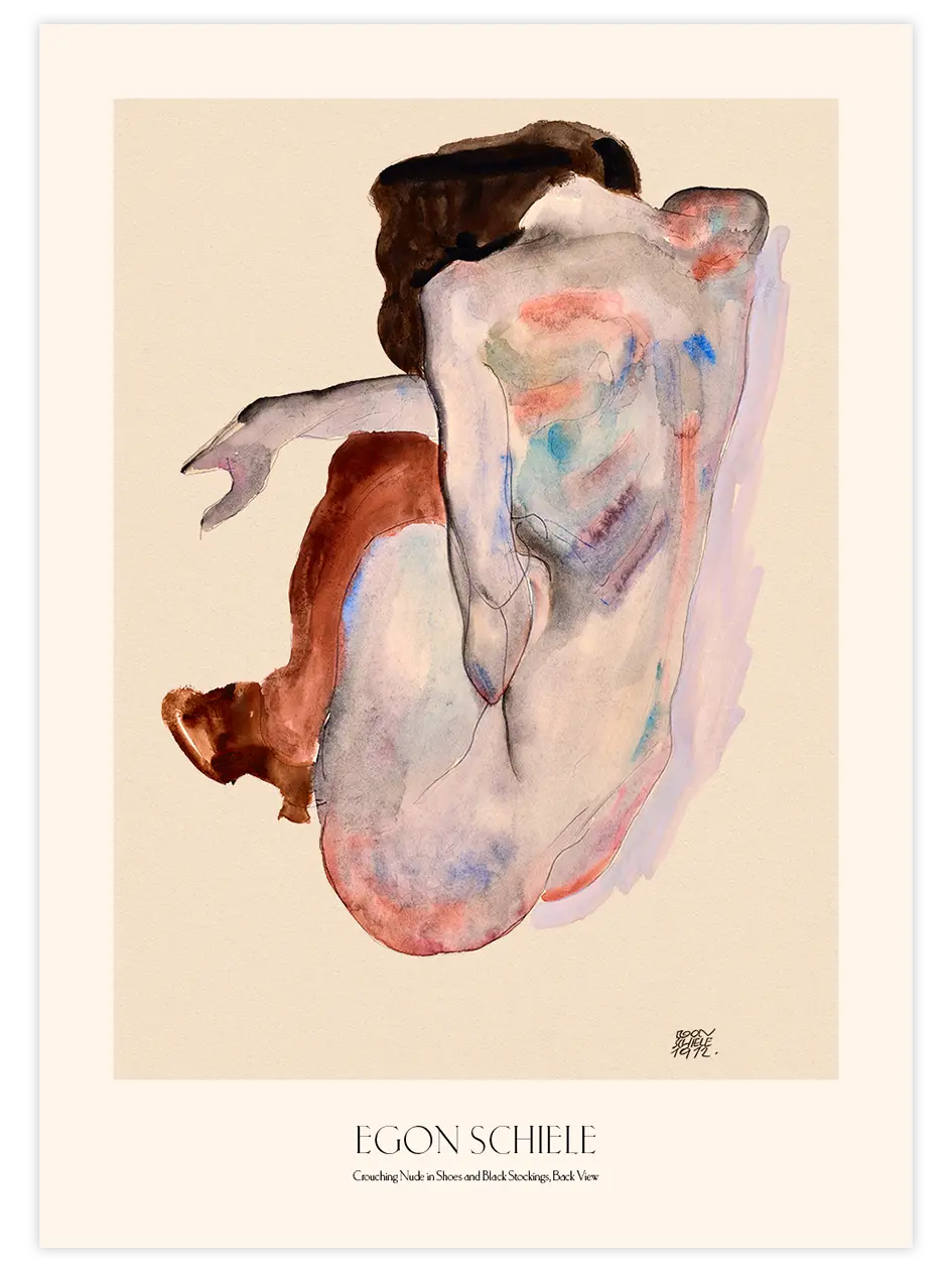 Egon Schiele Crouching Nude Back View - Art Print