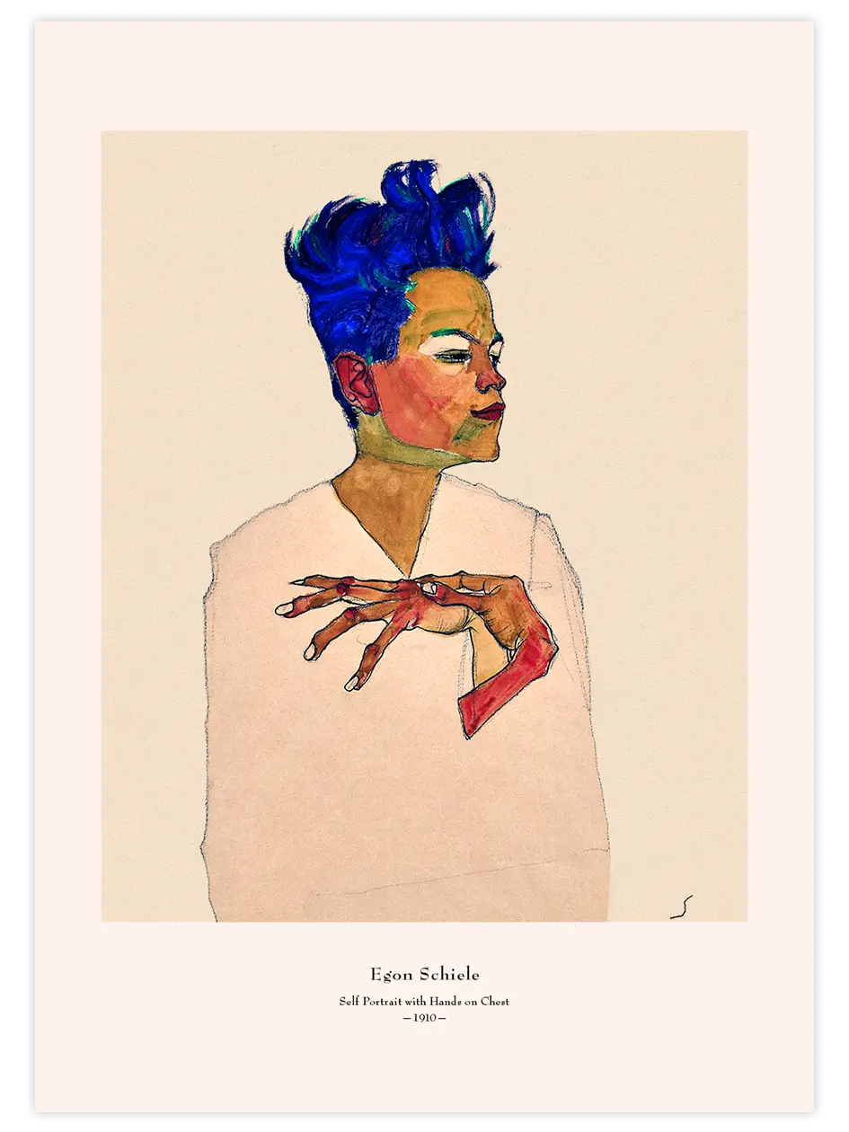 Egon Schiele Self Portrait with Hands on Chest - Art Print Ünlü Ressamlar Poster