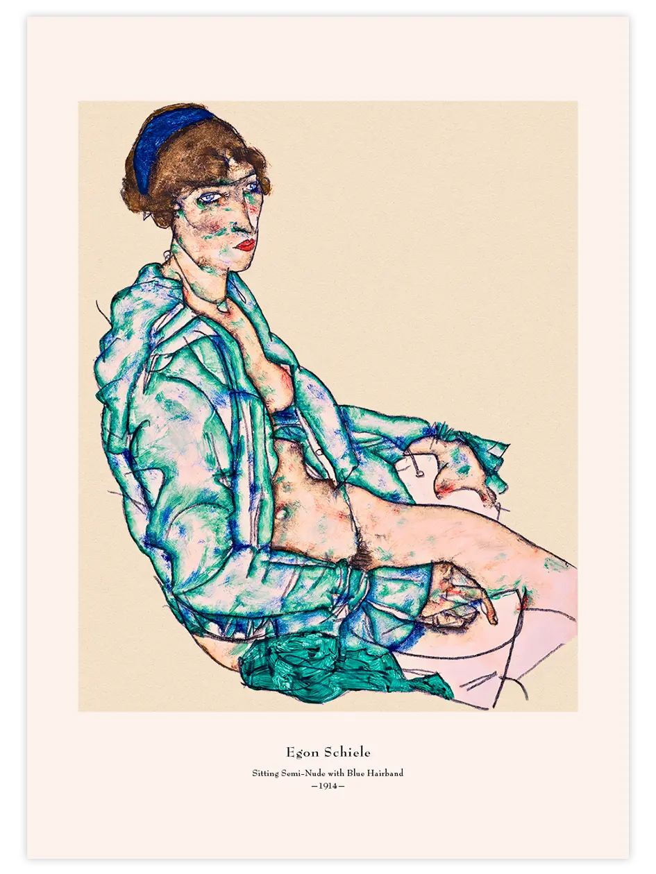 Egon Schiele Sitting Semi-Nude with Blue Hairband - Art Print Ünlü Ressamlar Poster