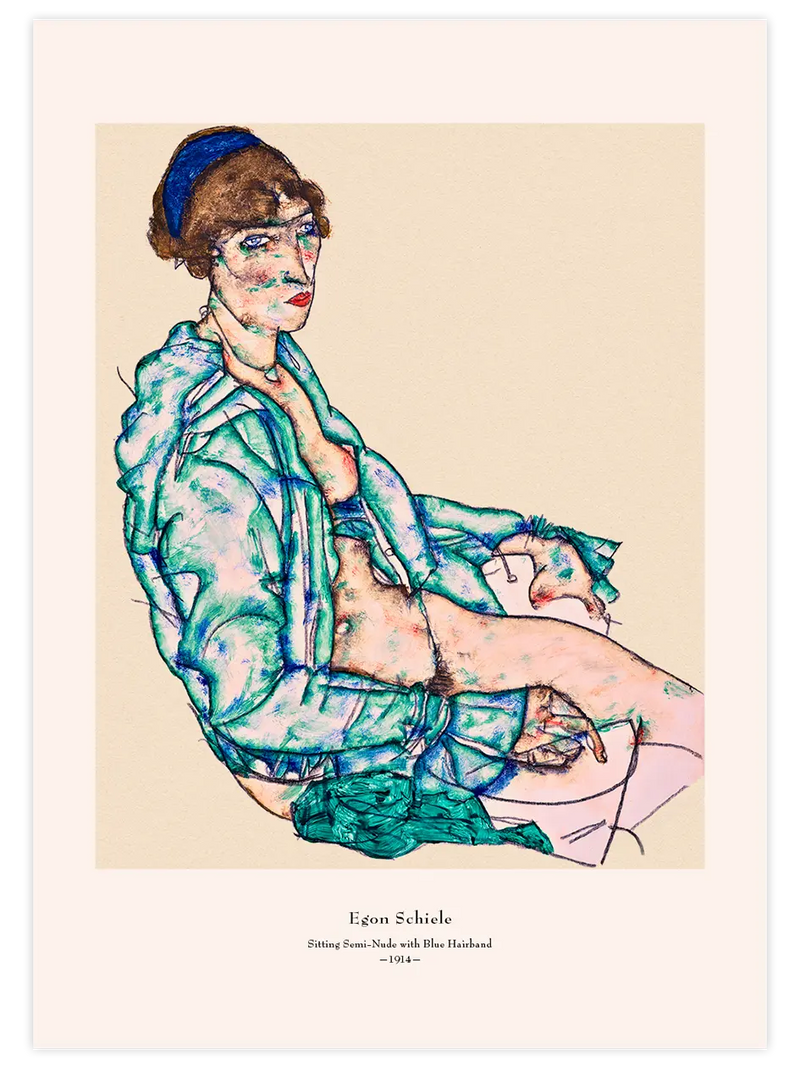 Egon Schiele Sitting Semi-Nude with Blue Hairband - Art Print Ünlü Ressamlar Poster