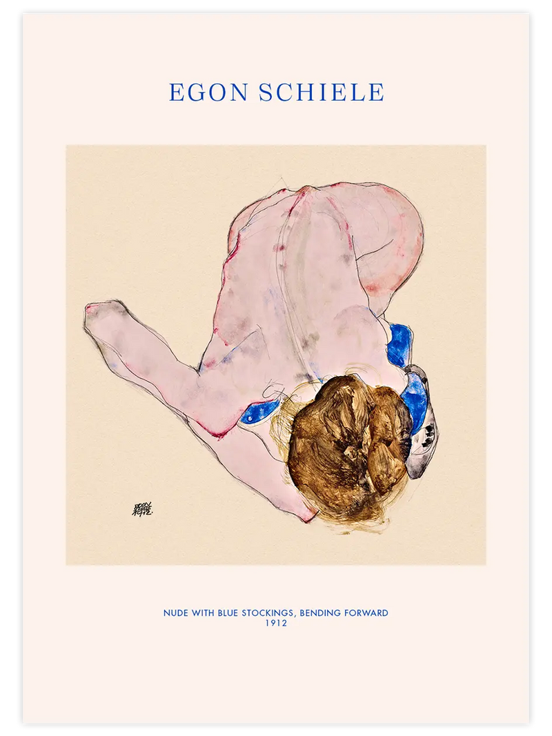 Egon Schiele Nude with Blue Stochings, Bending Forward - Art Print Ünlü Ressamlar Poster