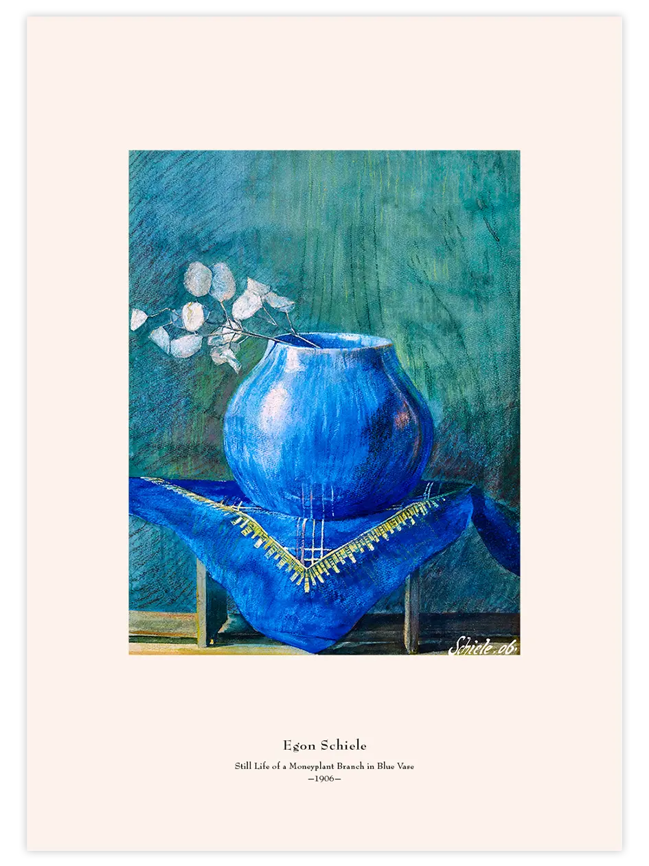 Egon Schiele Moneyplant Branch in Blue Vase - Art Print Ürün ana görseli
