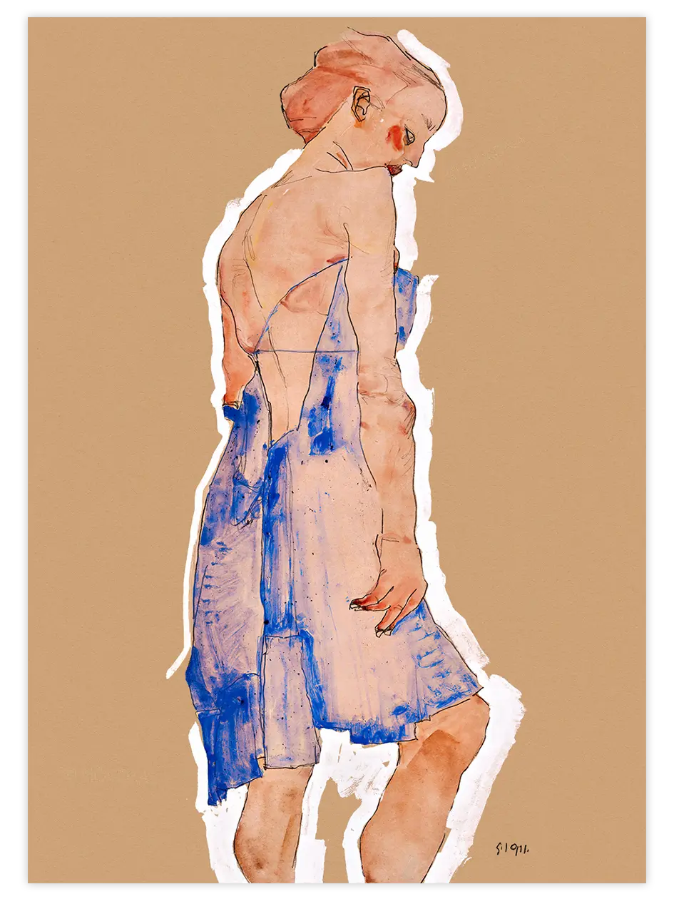 Egon Schiele Standing Girl in Blue Dress - Art Print Ünlü Ressamlar Poster