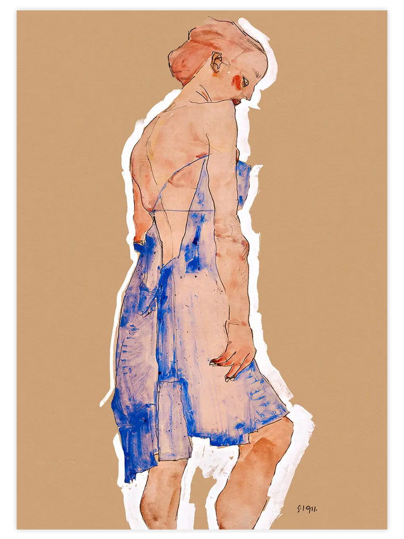 Egon Schiele Standing Girl in Blue Dress - Art Print Ünlü Ressamlar Poster