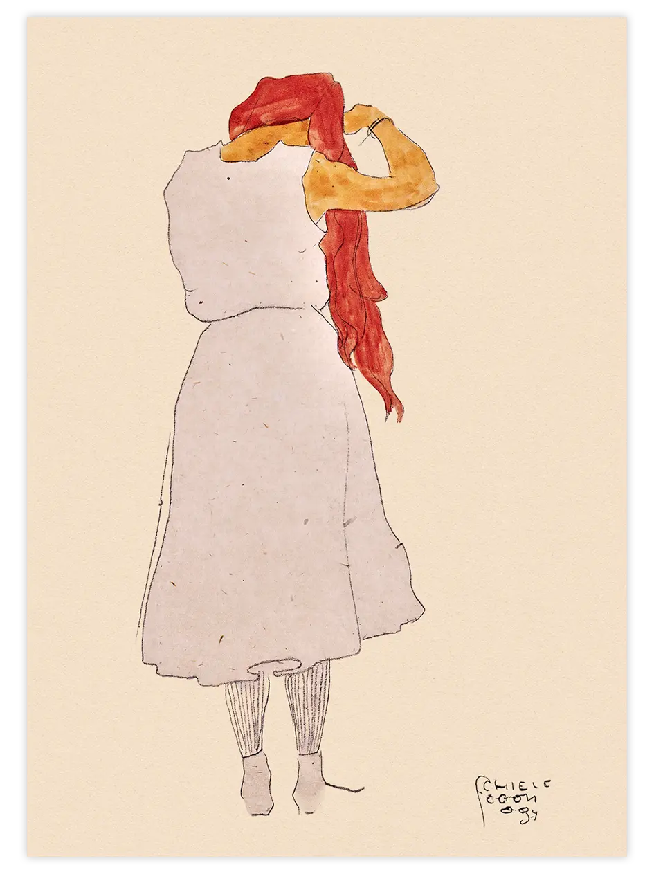 Egon Schiele Standing Woman Combing Her Long Red Hair, Back View - Art Print Ürün ana görseli