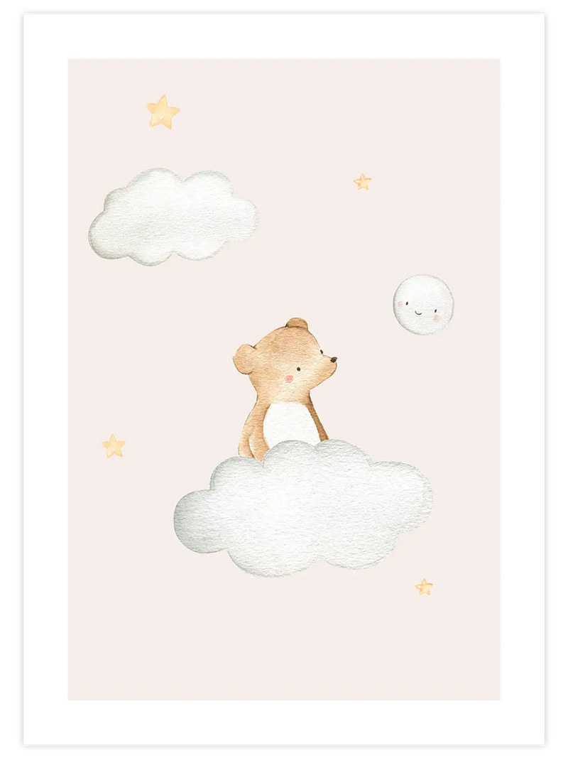 Bulut Üstünde Minik Ayı - Art Print Çocuk Odası Poster