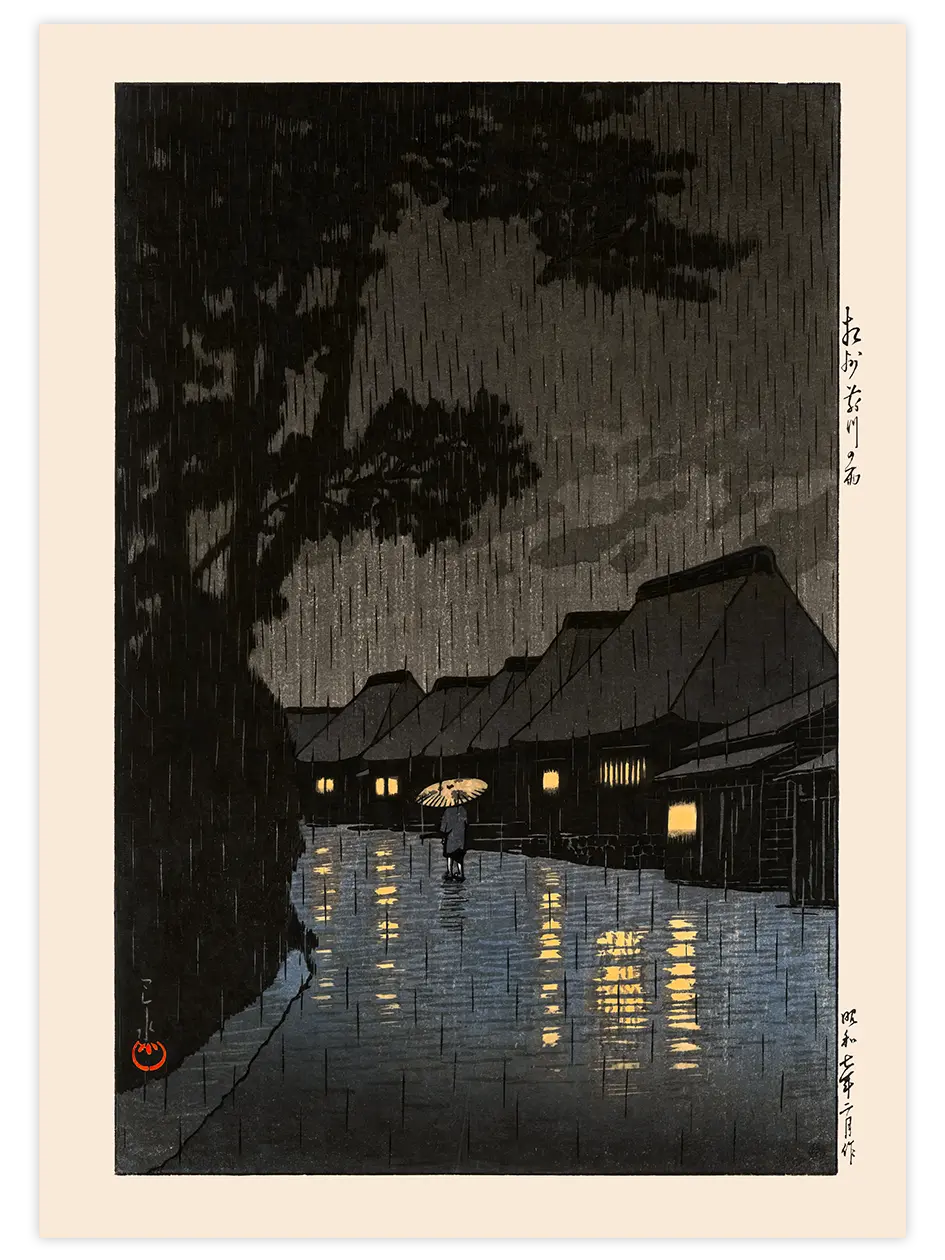 Kawase Rainy Night at Maekawa - Art Print Ünlü Ressamlar Poster
