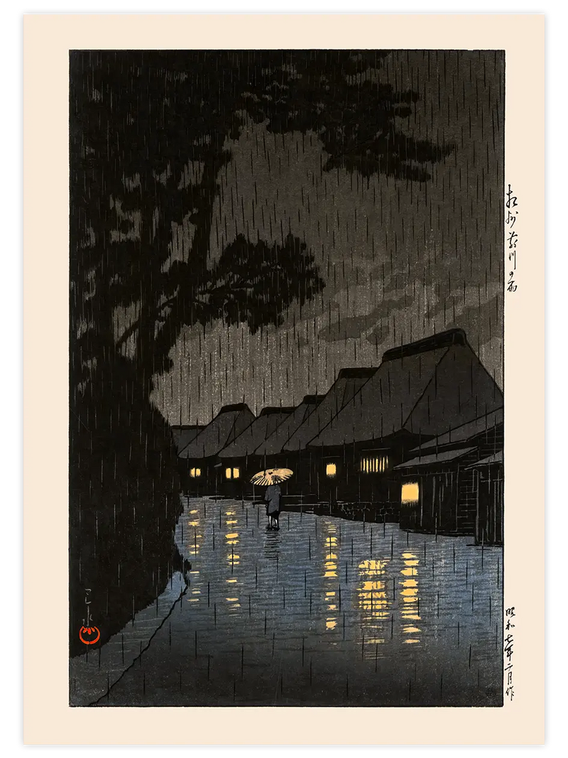 Kawase Rainy Night at Maekawa - Art Print Ünlü Ressamlar Poster