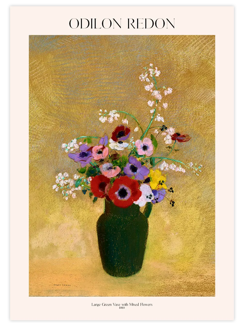 Odilon Redon Large Green Vase with Mixed Flowers - Art Print Ürün ana görseli