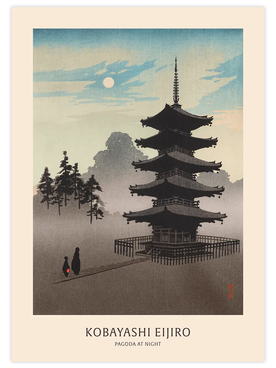 Kobayashi Eijiro Pagoda at Night - Art Print Ünlü Ressamlar Poster