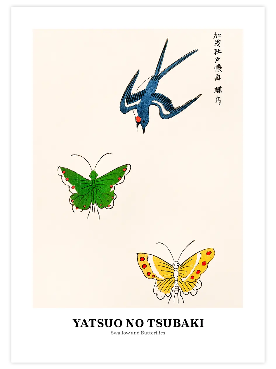 Yatsuo No Tsubaki Swallow And Butterflies - Art Print
