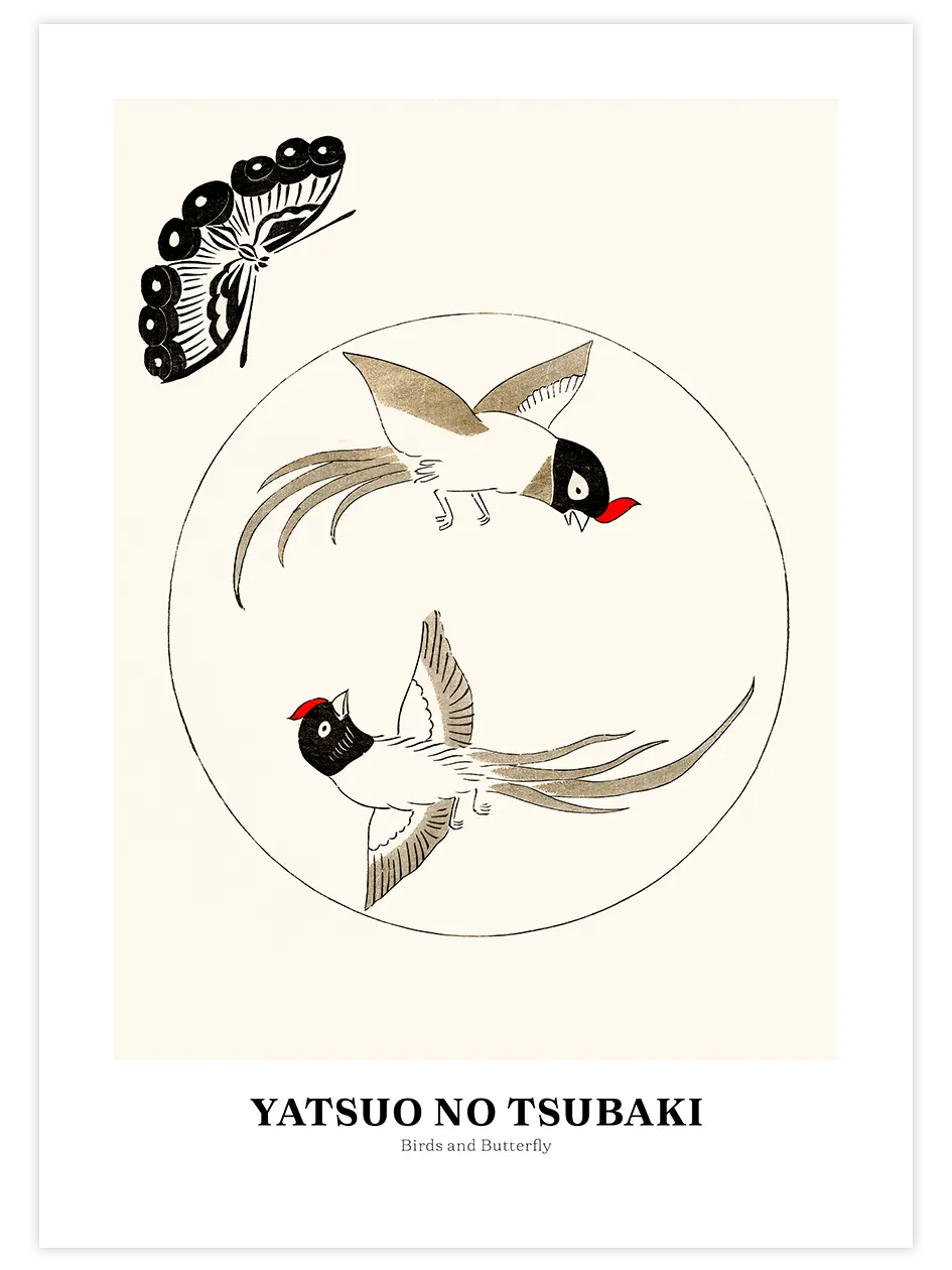 Yatsuo No Tsubaki Birds And Butterfly - Art Print