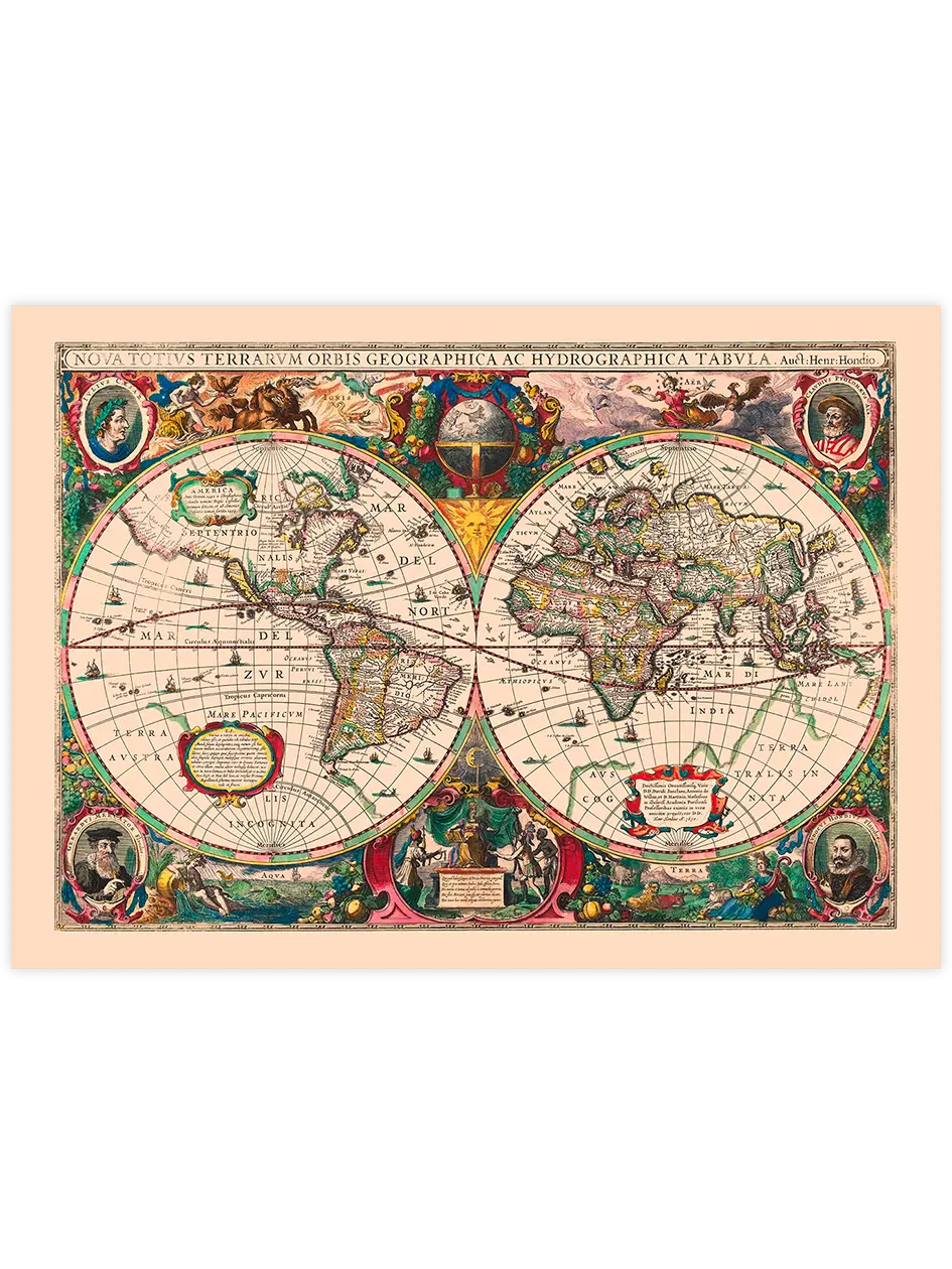Vintage Coğrafi ve Hidrografik Dünya Haritası - Art Print