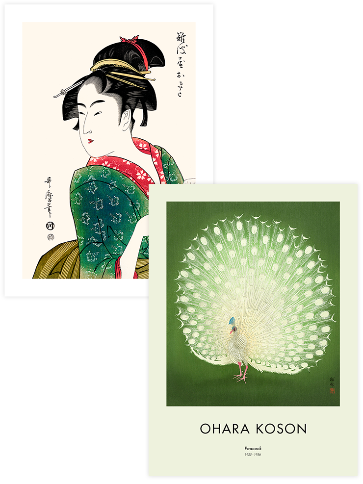 Ohara Koson Peacock & Geisha - Poster Seti Duo Ünlü Ressamlar Poster
