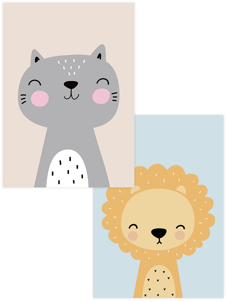 Neşeli Kedi & Aslan - Poster Seti Duo Çocuk Odası Poster
