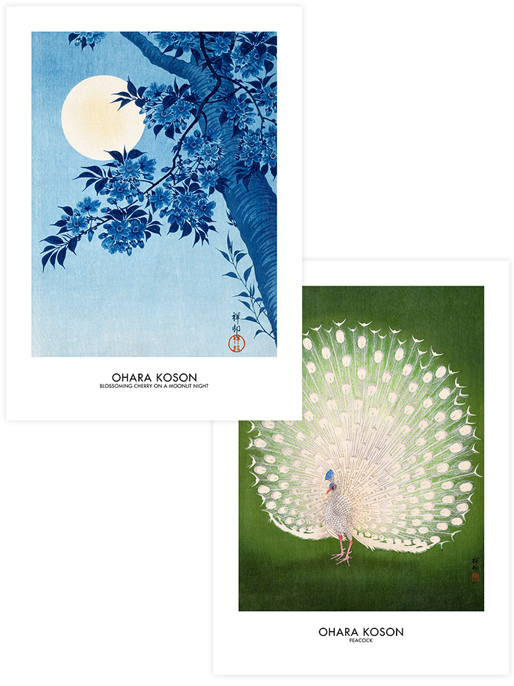 Ohara Koson Peacock & Moonlit - Poster Seti Duo Ünlü Ressamlar Poster