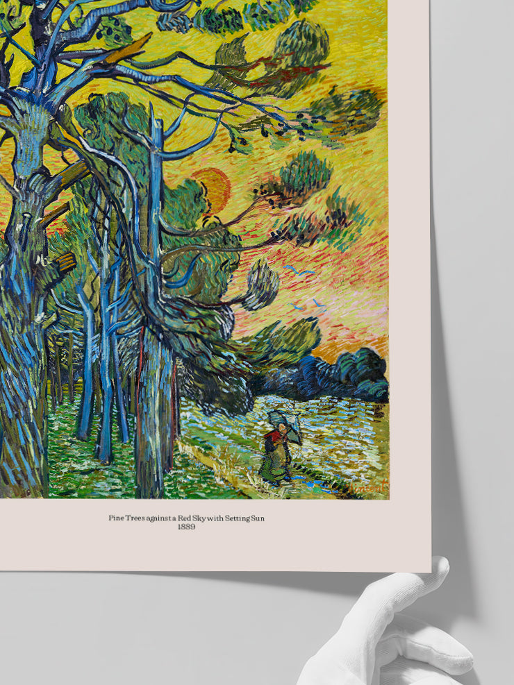 Van Gogh Gün Batımında Kızıl Gökyüzüne Karşı Çam Ağaçları - Art Print  Poster