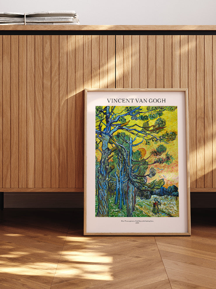 Van Gogh Gün Batımında Kızıl Gökyüzüne Karşı Çam Ağaçları - Art Print